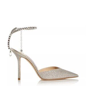 Jimmy Choo 100 Platinum Ice Dusty Glitter Pumps with Crystal Embellishment